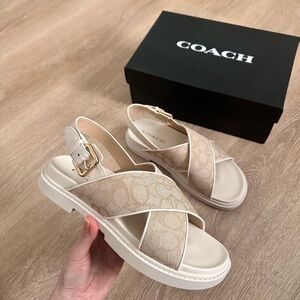 Coach Women’s Fraser Jacquard Crisscross Sandals Light Khaki/Chalk Size 9